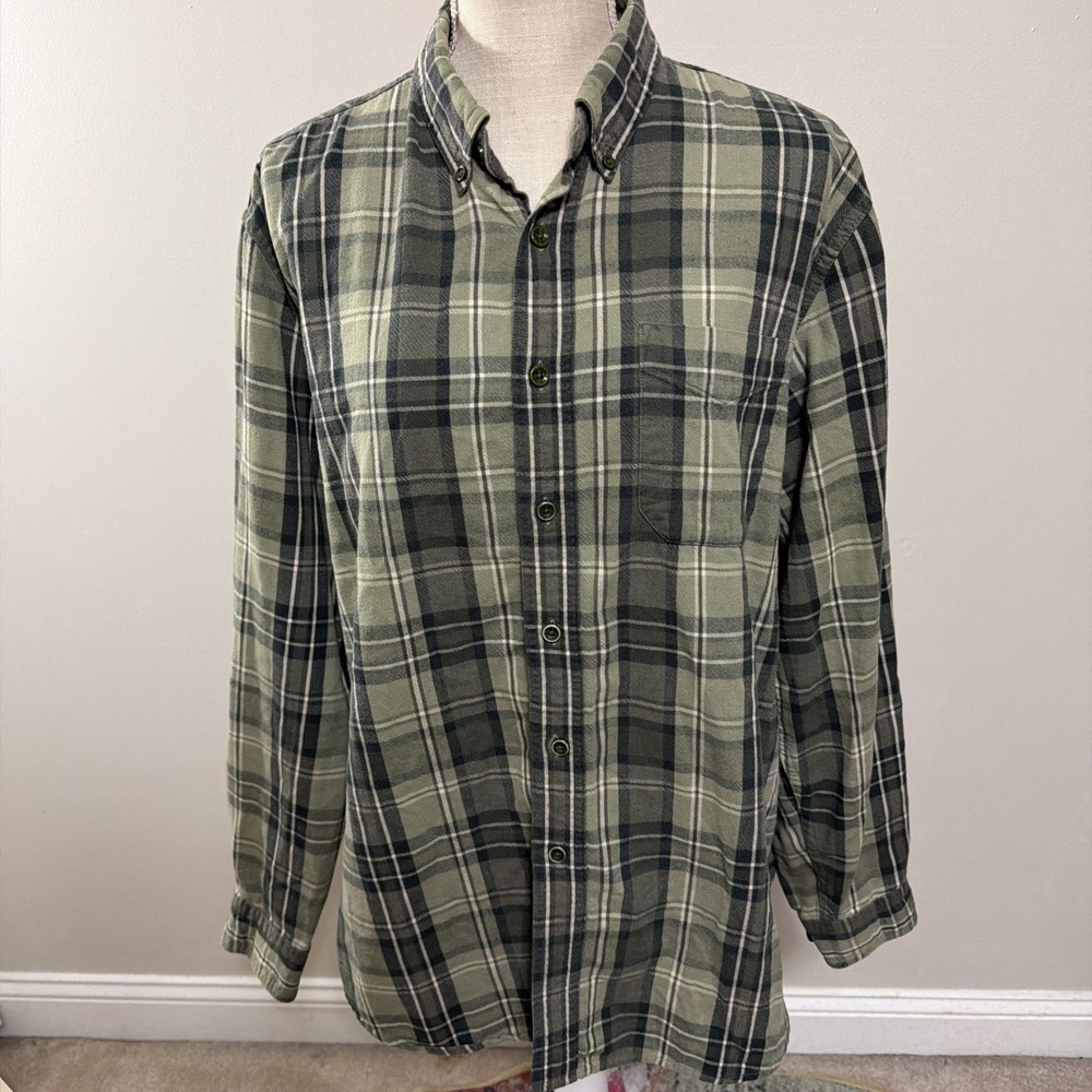 LL Bean Green Plaid Flannel Button‎ Down Shirt Size Large